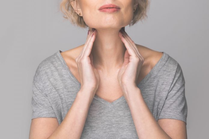 Female,Checking,Thyroid,Gland,By,Herself.,Close,Up,Of,Woman