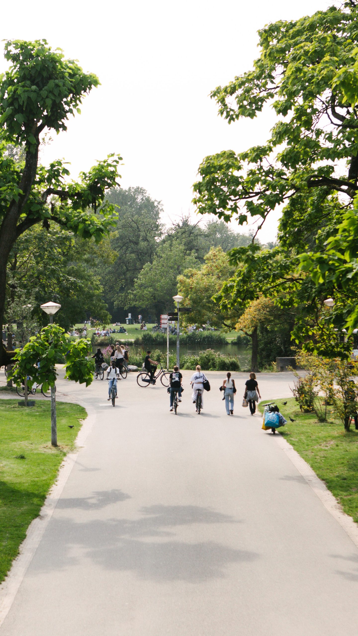 Un parc cu copaci luxurianti si peluze verzi ingrijite in timpul zilei.  Oamenii merg si merg cu bicicleta de-a lungul unei carari asfaltate late.